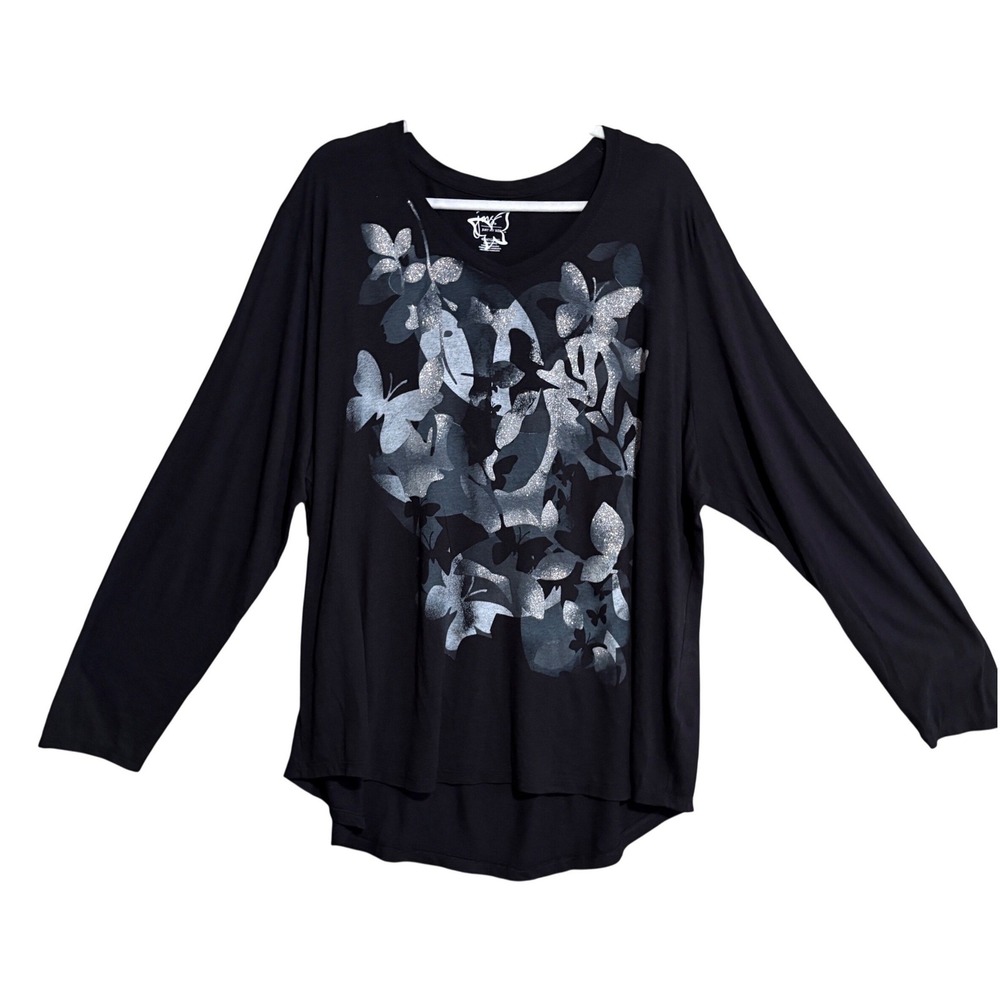 Just My Size Women 4X Black V Neck Long Sleeve T Shirt Butterfly Glitter Y2K